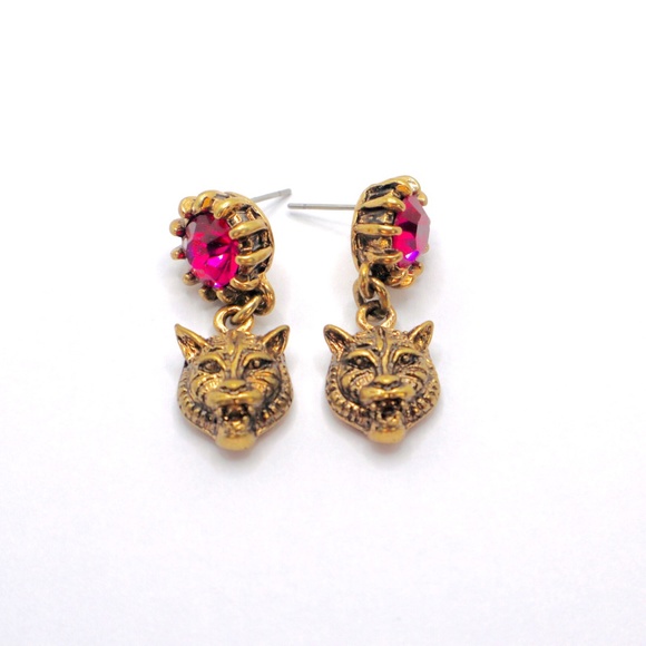 TIGER Earrings Antique Gold Bronze Pink New Jungle Hunter Cat Big Cheetah - Picture 1 of 3